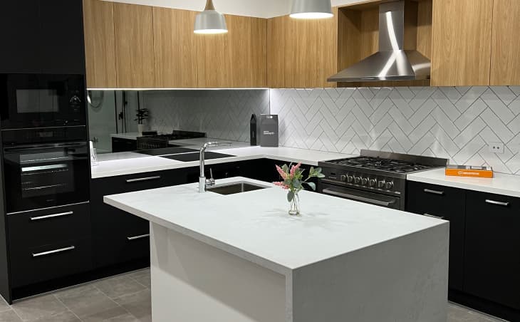 Kitchen selections display with cabinetry, benchtop and splashback inspiration.
