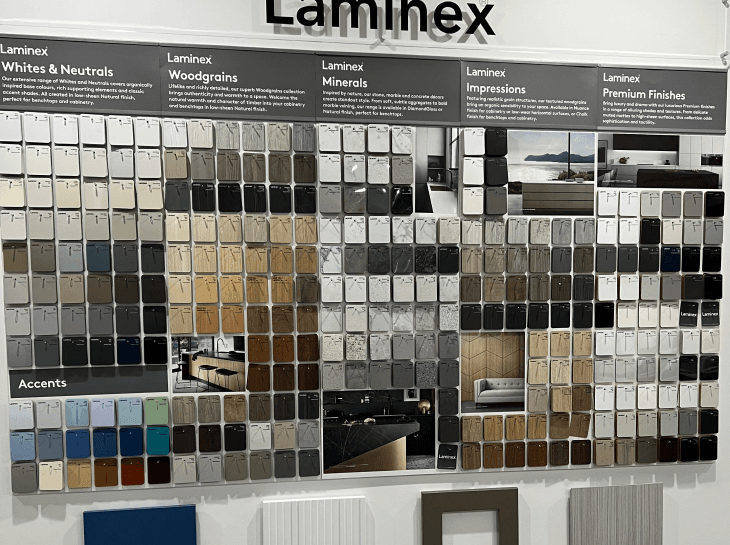 Interior selections display with cabinetry, flooring and finish samples.